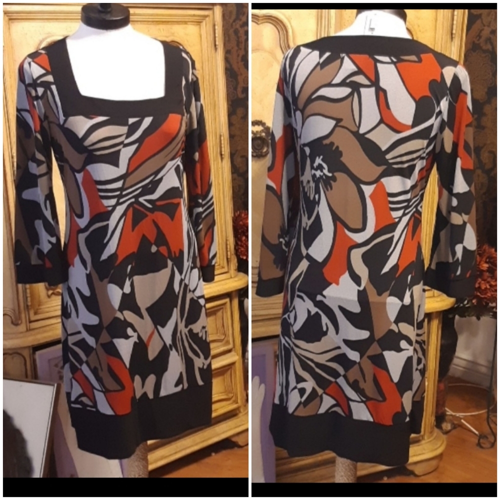 Womens Dress Sz Med Large Stretch Print Design long sleeve Square Red Black